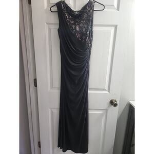 R&M Richards Petite Dress Size 10 Petite  Black lace tan sleeveless high Slit.